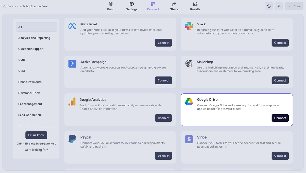 An image showing the “Google Drive integration” button, which you can easily find by accessing the “Connect” tab