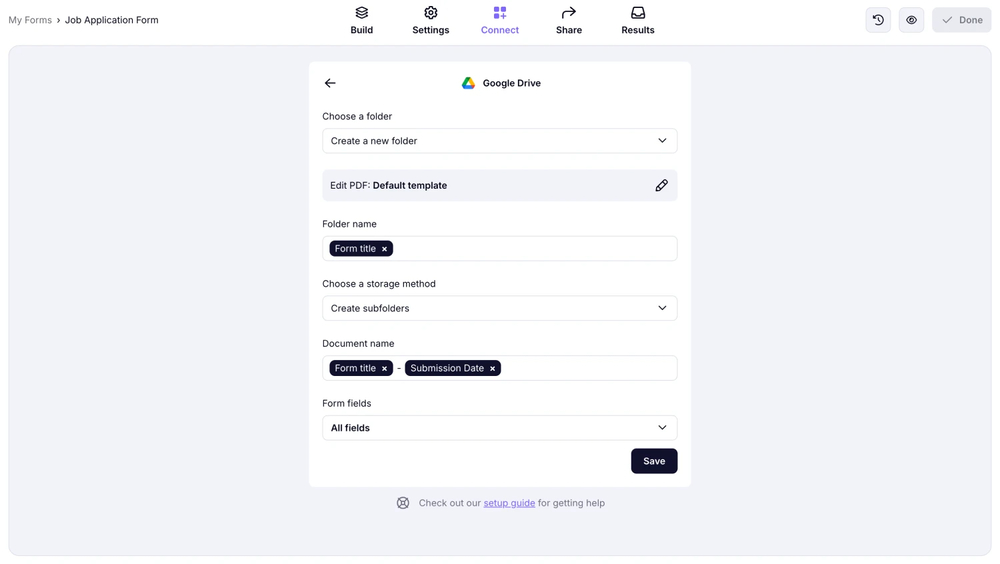 An image showing the integration options can be adjusted when setting up the connection