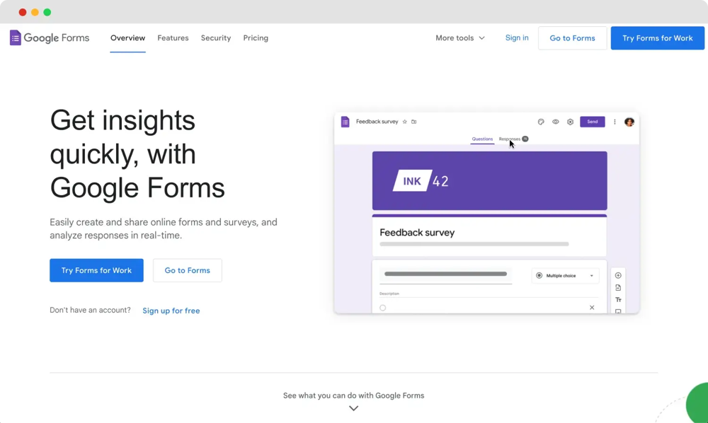 La página de inicio de Google Forms