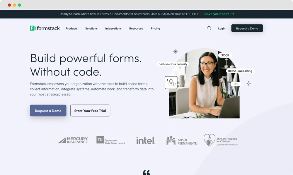 La página de inicio de Formstack