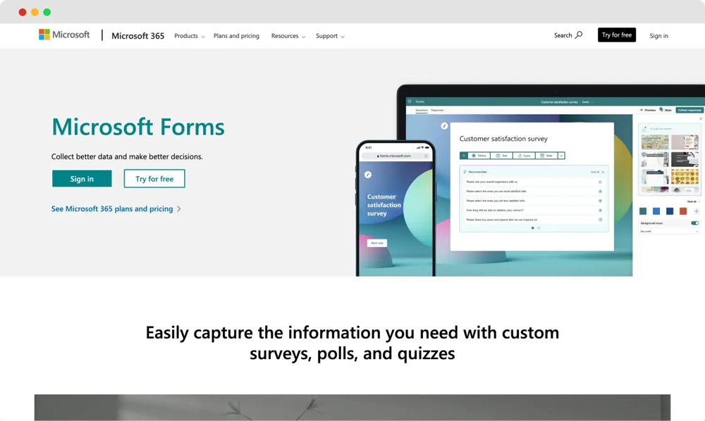 Die Homepage von Microsoft Forms