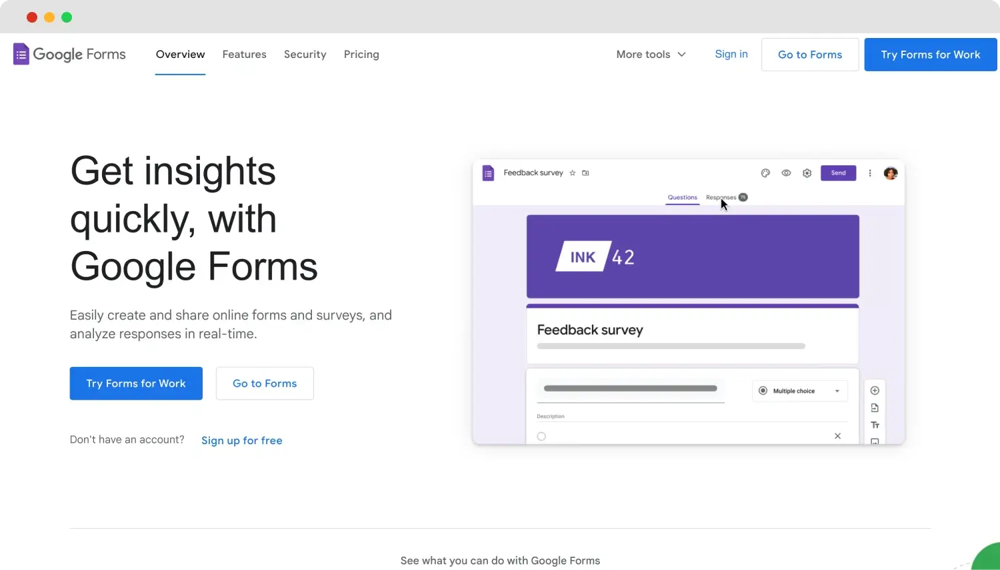 La página de inicio de Google Forms