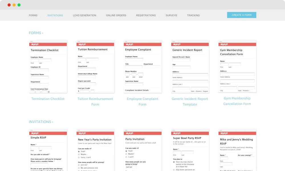 Template gallery of Wufoo