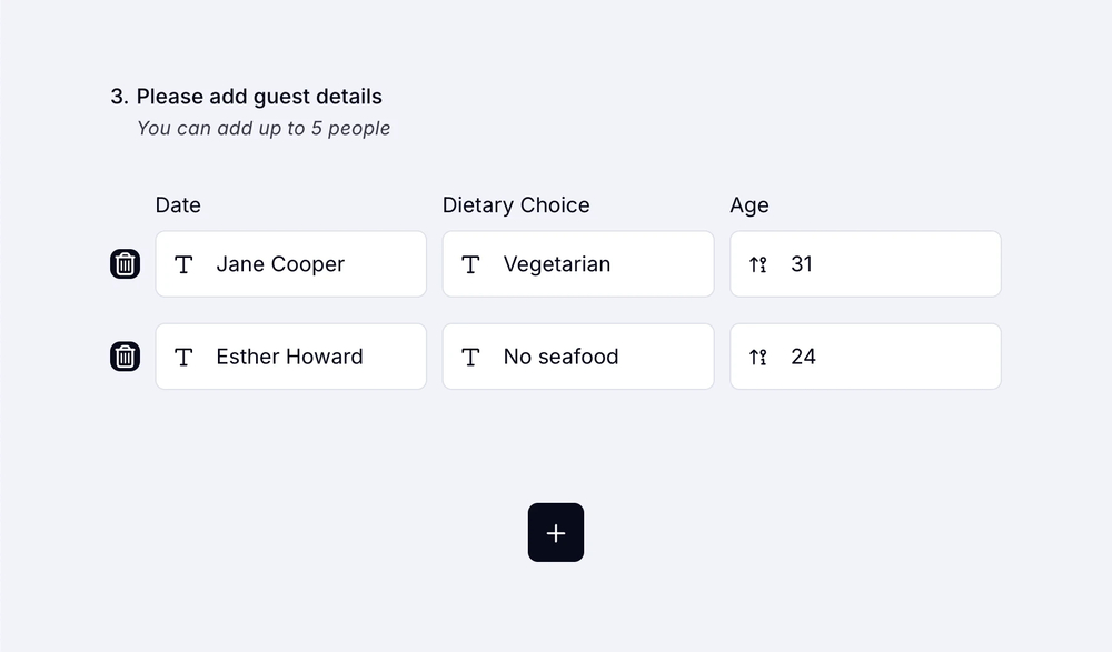 An image showing an example of the “Grid” field usage with three different data types