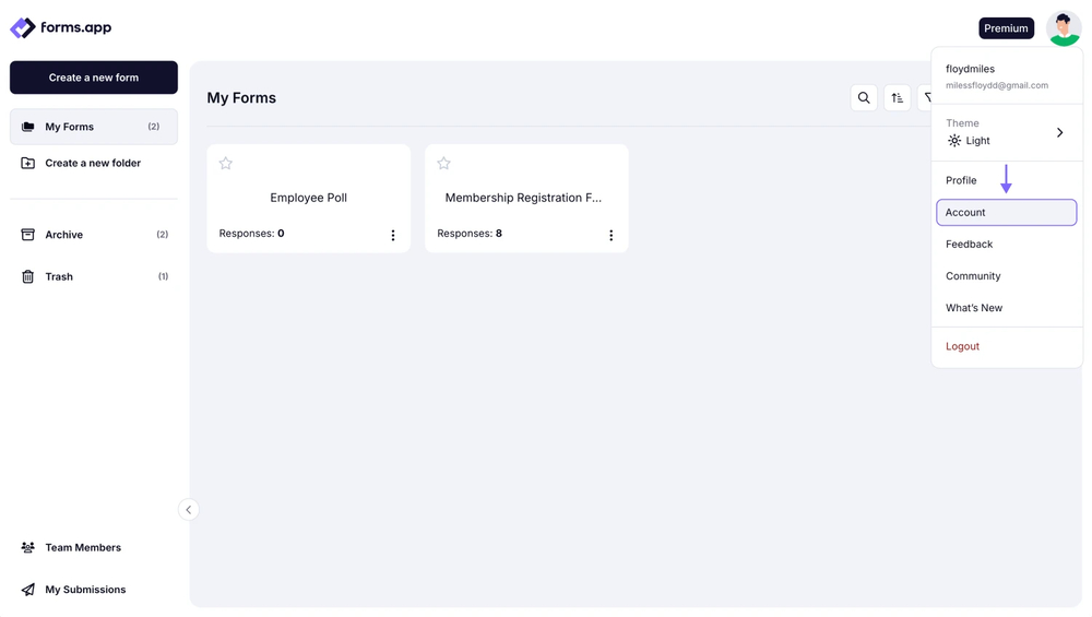 A zoomed in image showing the account item on the profile menu