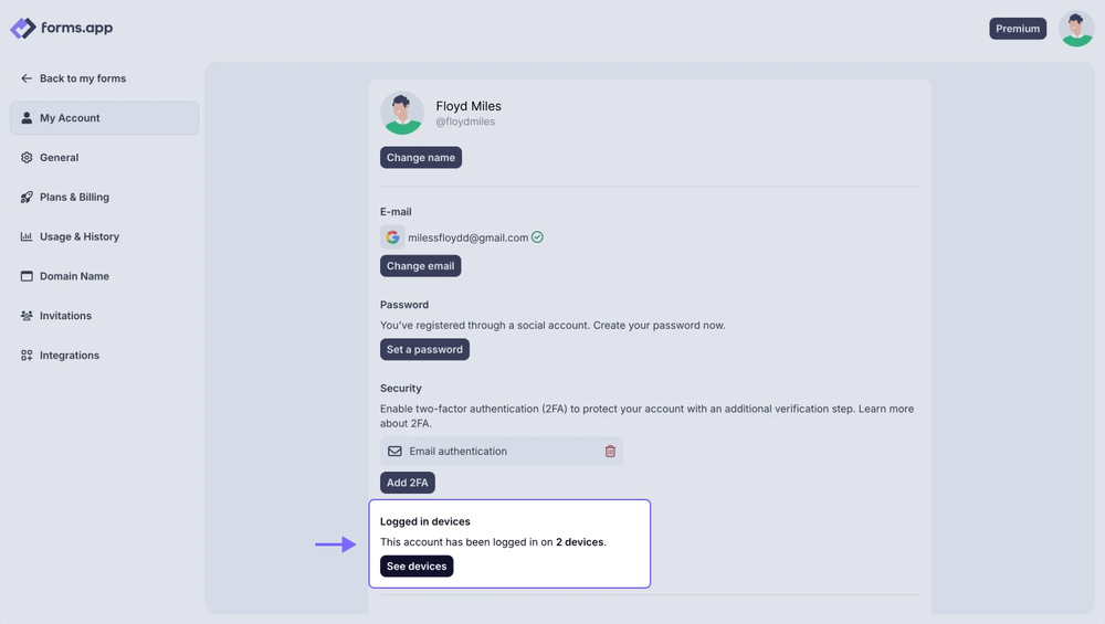 An image showing logged in devices section under the account settings