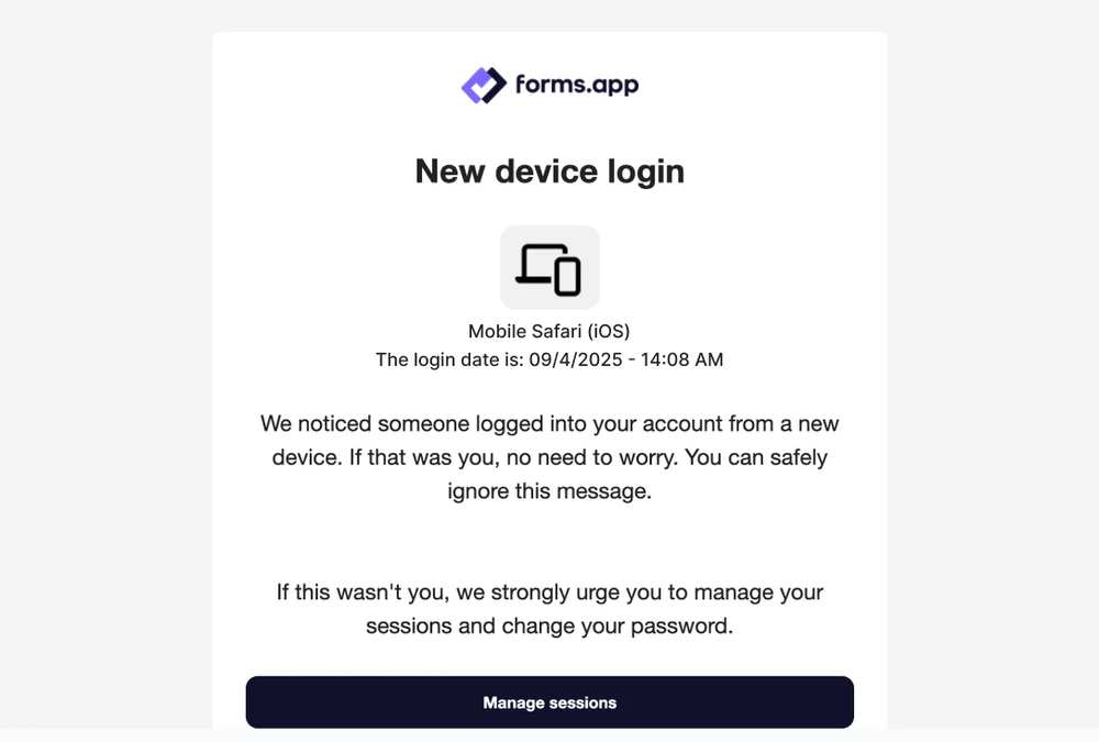 An image showing the email users receive when they logged in using a new device