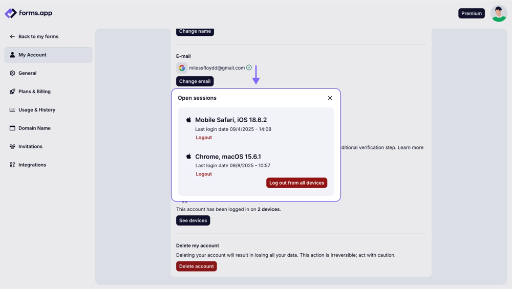 The pop-up showing all the logged-in devices with the option of signing out