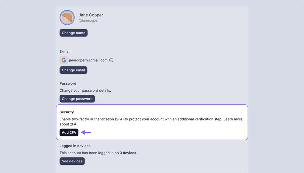 An image showing the “Security” area where you will find the “Add 2FA” button