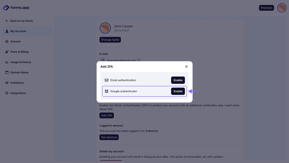 An image showing the pop-up appearing and the “Email authentication” option, which you need to select