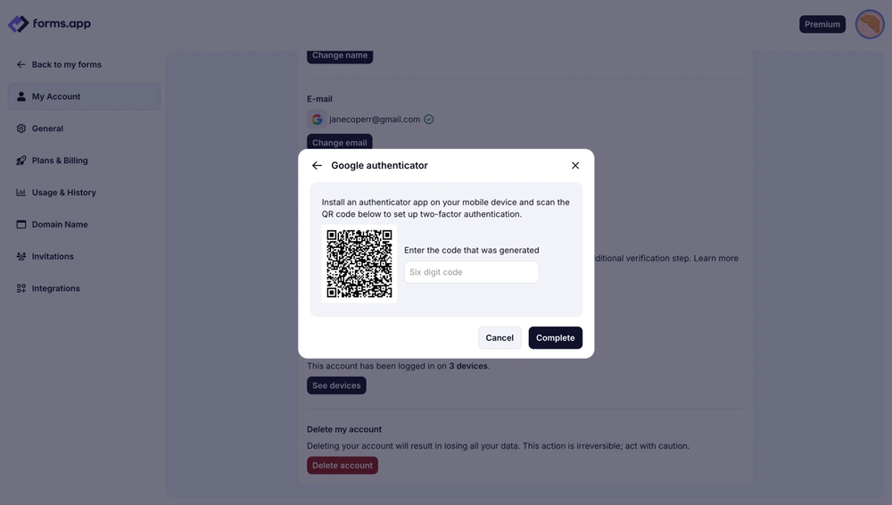 An image showing the pop-up which allows you to send the authentication code to your email from the left, and the pop-up where you need to enter the code received from the right