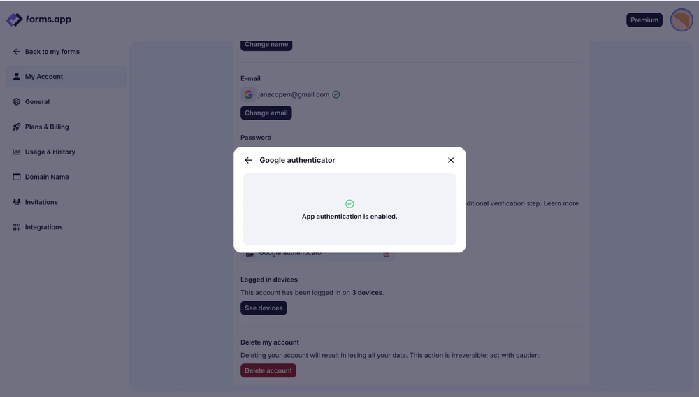 An image showing the pop-up with the successful 2FA set up and the Recovery Codes for you to copy