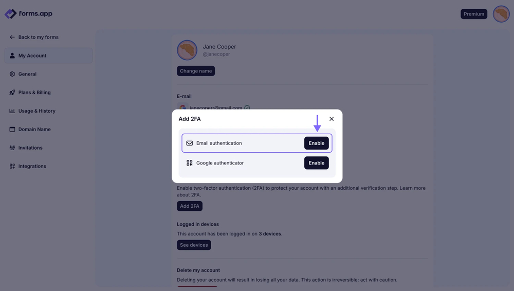 An image showing the pop-up appearing and the “Google Authenticator” option, which you need to select