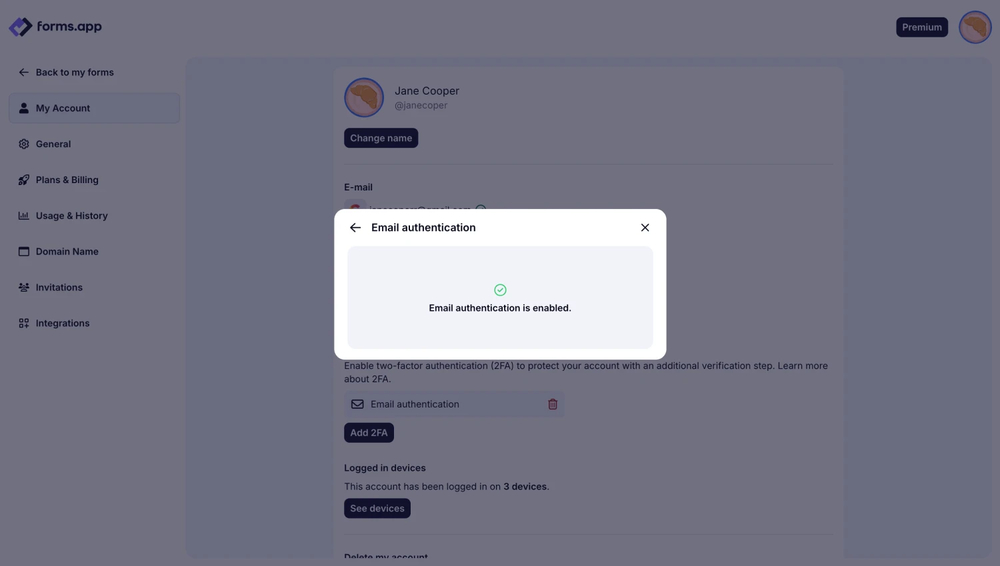 An image showing the pop-up with the successful 2FA set up and the Recovery Codes for you to copy