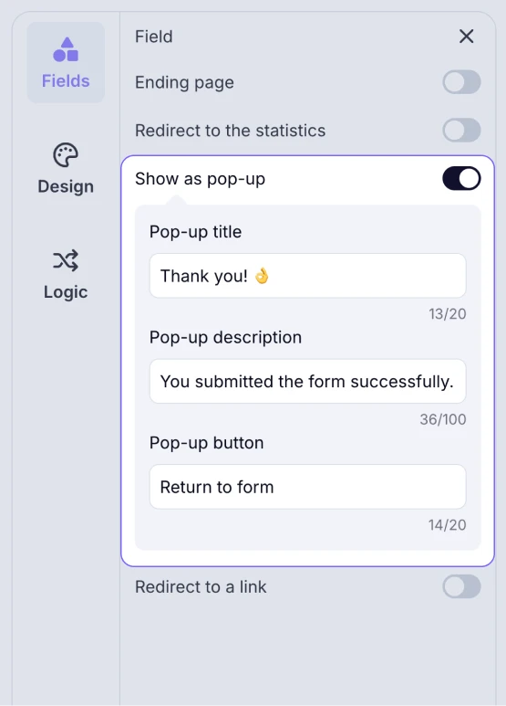 An image showing access to the Show as pop-up option in the Ending page settings