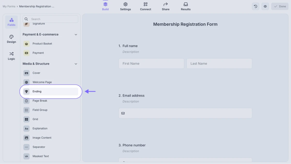 An image showing how to find the Ending field from your field menu on the left