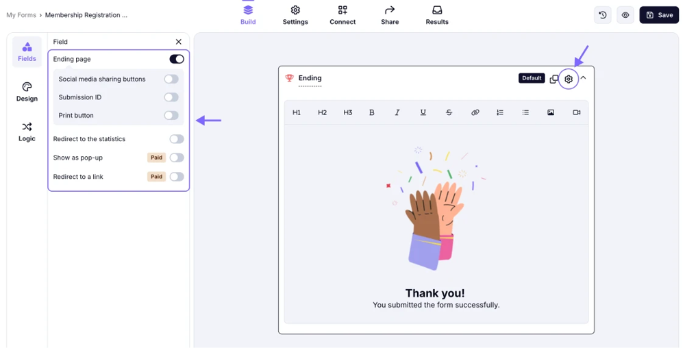 An image showing how to access the Ending page settings by clicking the gear icon on the field