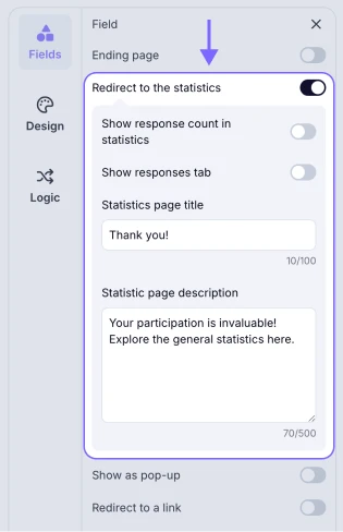 An image showing the Redirect to the statistics option in the Ending page settings