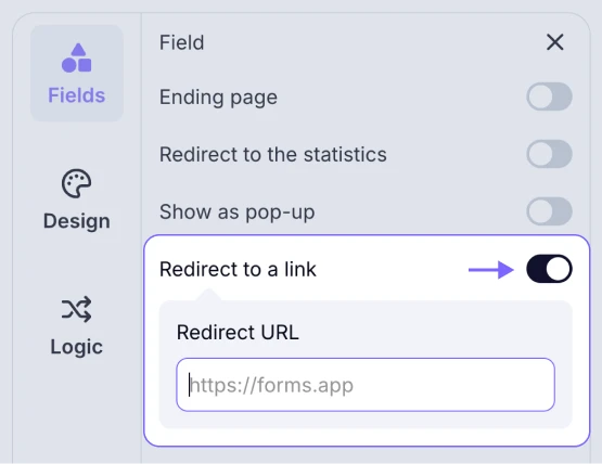 An image showing the Redirect to a link option in the Ending page settings