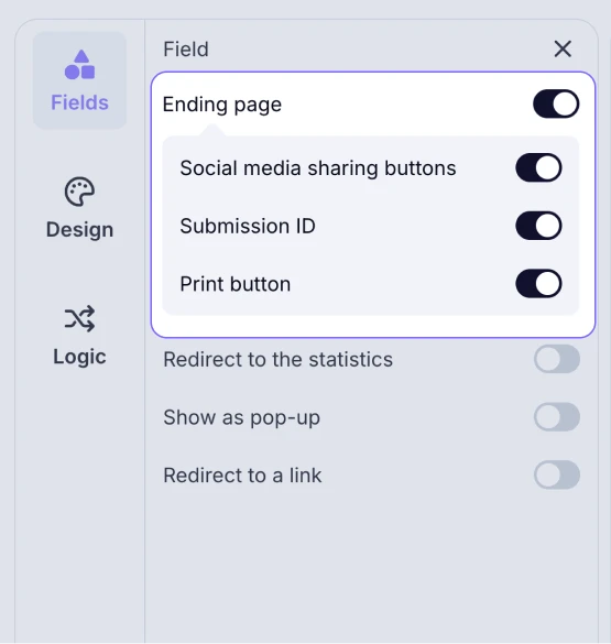 An image showing access to the Social media sharing buttons, Submission ID, and the Print button options in the Ending page settings
