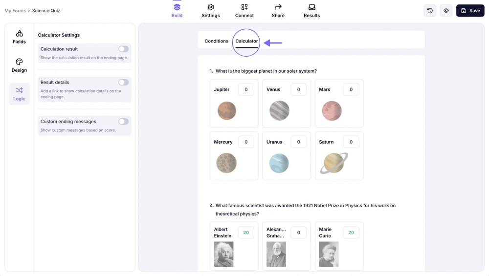 An image showing how you can access the “Calculator” tab from the “Logic” section in your form