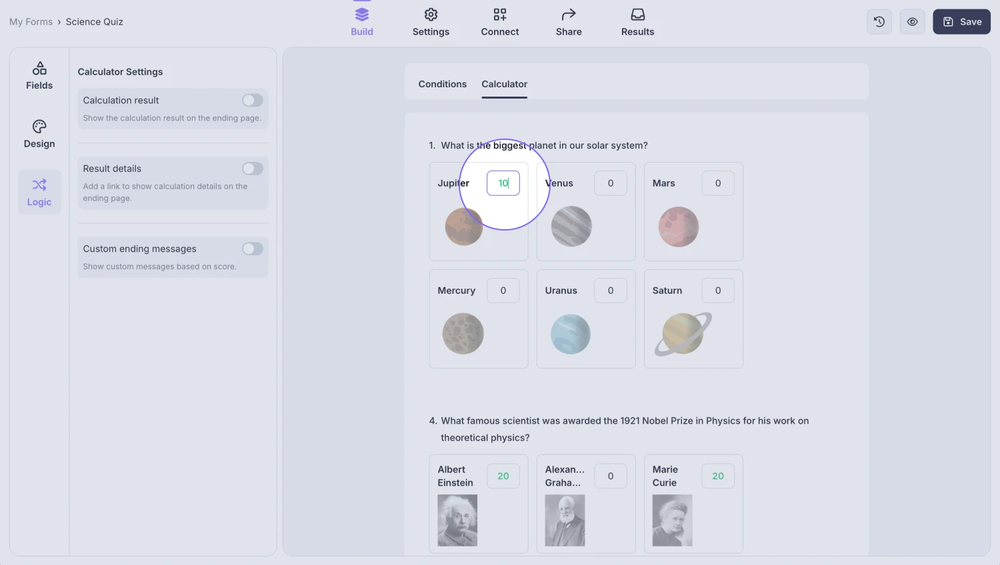An image showing an example of an entered score for the option