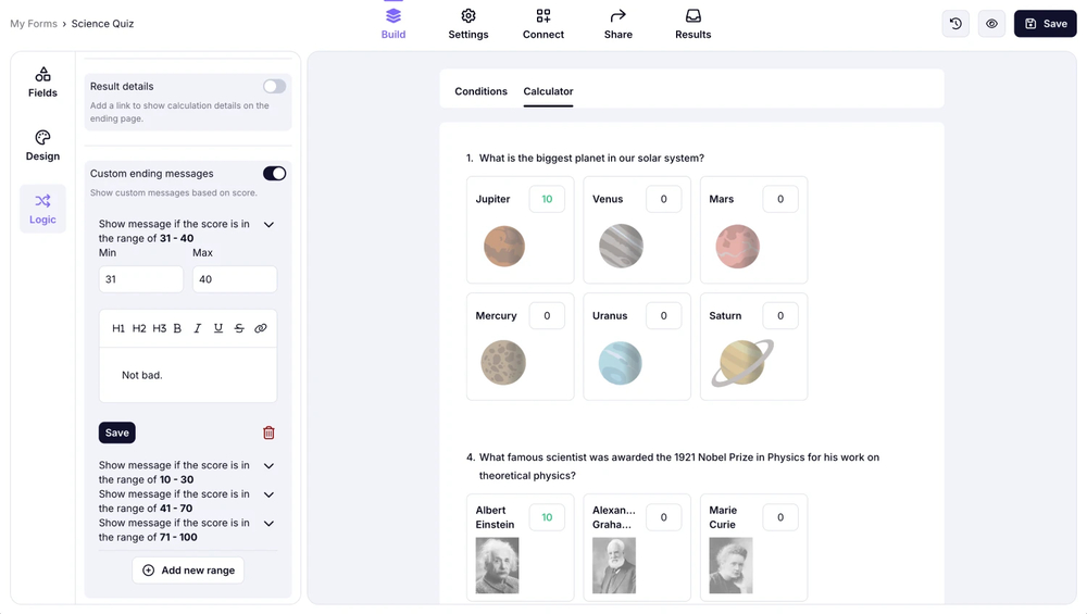 An image showing an example of the added range and the custom message for this particular range result