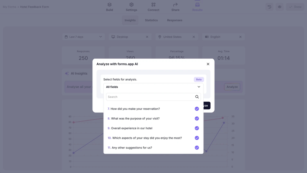 An image showing the “AI insights” button you need to click and the menu from which you can select the form fields for future analysis