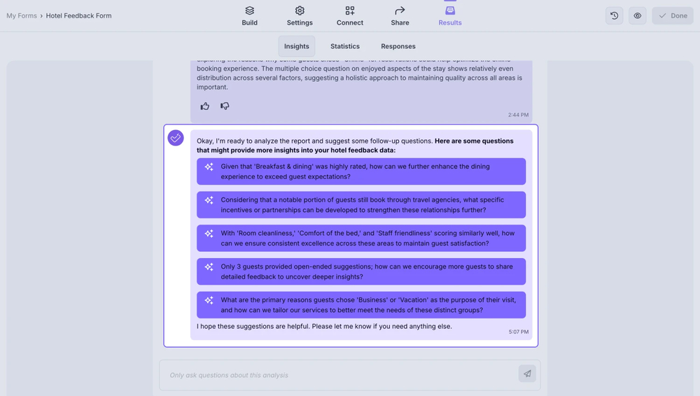 An image showing an example of questions to ask, which are given by the AI chat after it provides the full analysis