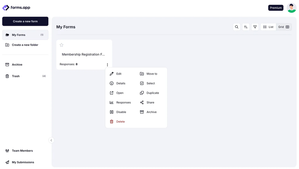 An image showing how to access the options menu by clicking the form needed on your Dashboard