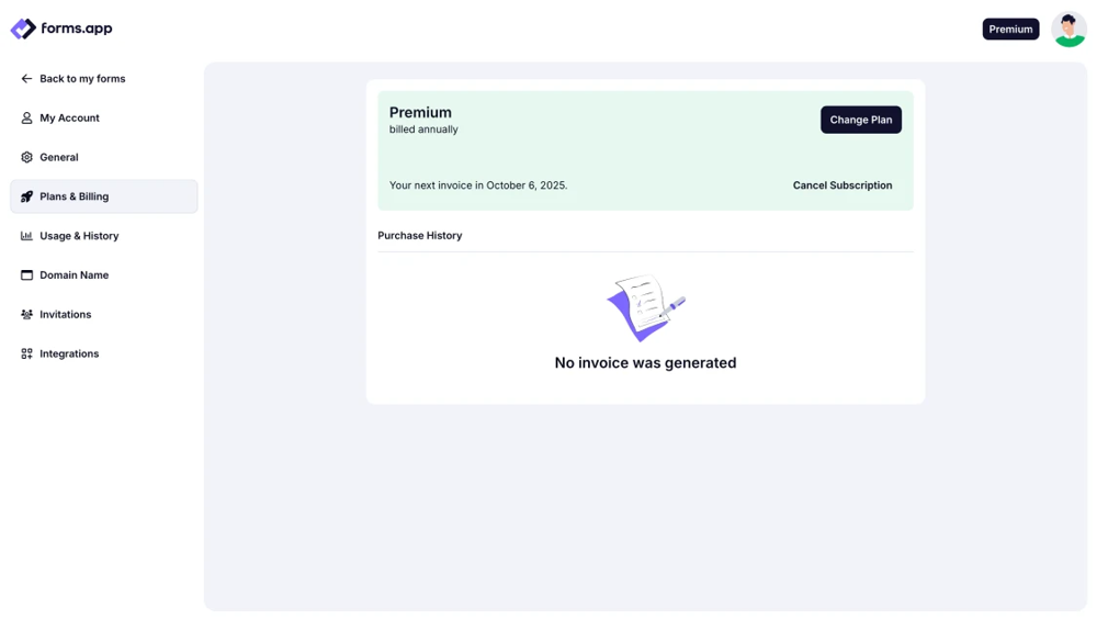 An image showing how to access the Plans & Billing tab on the left menu in your Account settings
