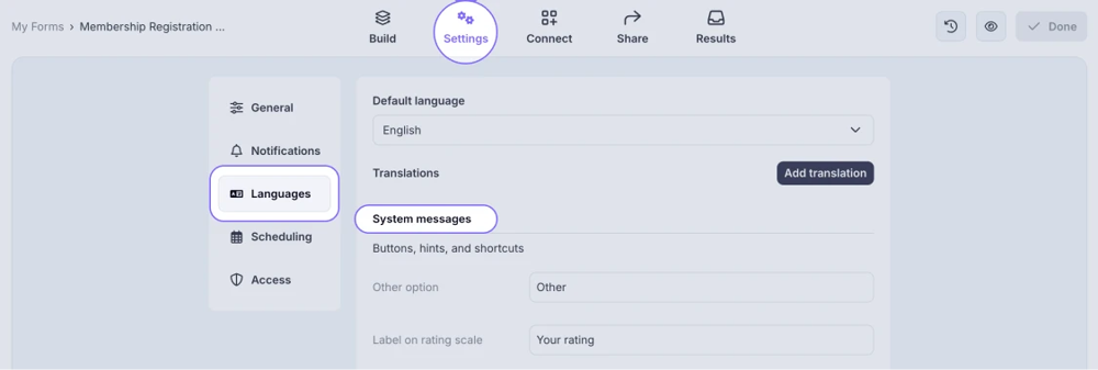 An image showing how to access the System Messages area from the Settings tab