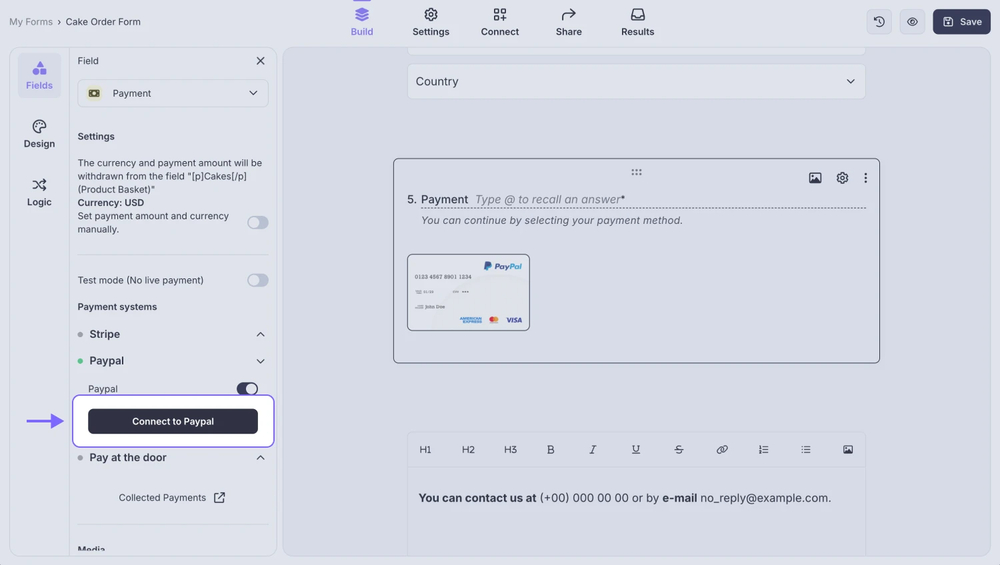 An image highlighting the “Connect to PayPal” button in the field settings
