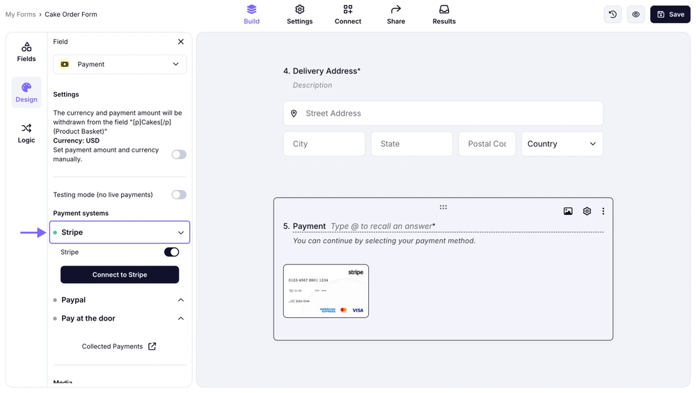 An image showing how to enable the Stripe option from the Payment field settings area