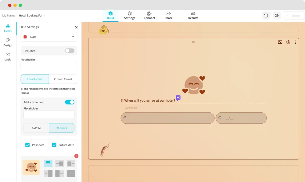 Adicione seções de data e hora ao seu formulário de reserva