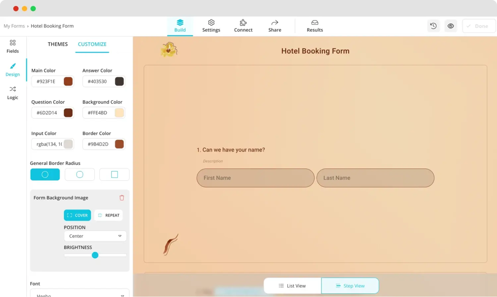 Altere o design do formulário de reserva