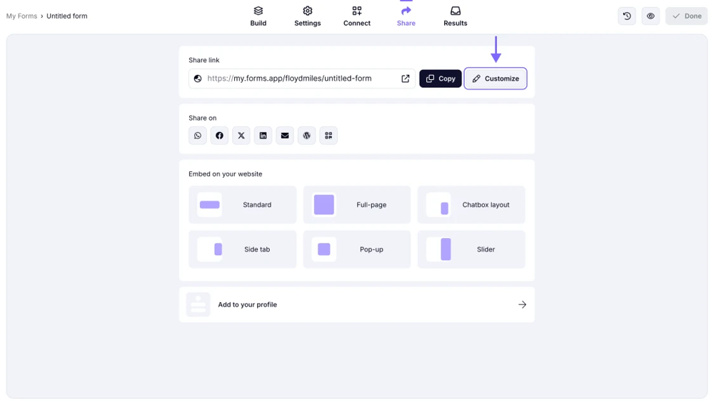 An image showing the Customize button that helps you access the Link Settings area