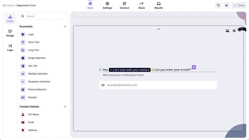 Add questions and fields