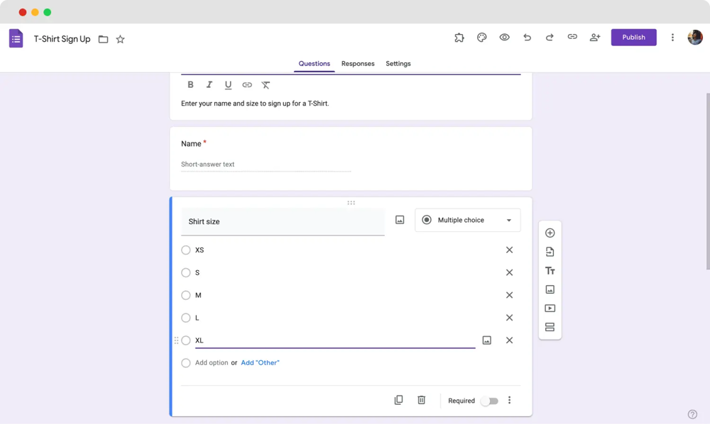 Add your t-shirt sign-up form questions