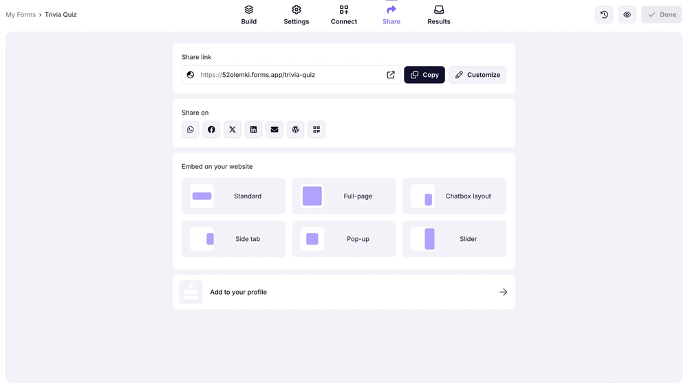 Share your quiz as you wish