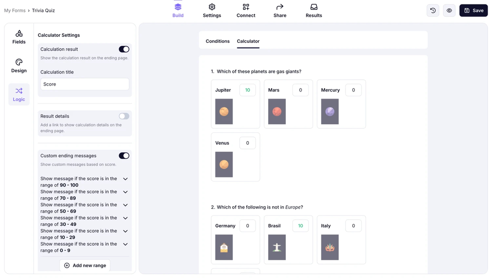 Add custom ending messages based on the quiz score