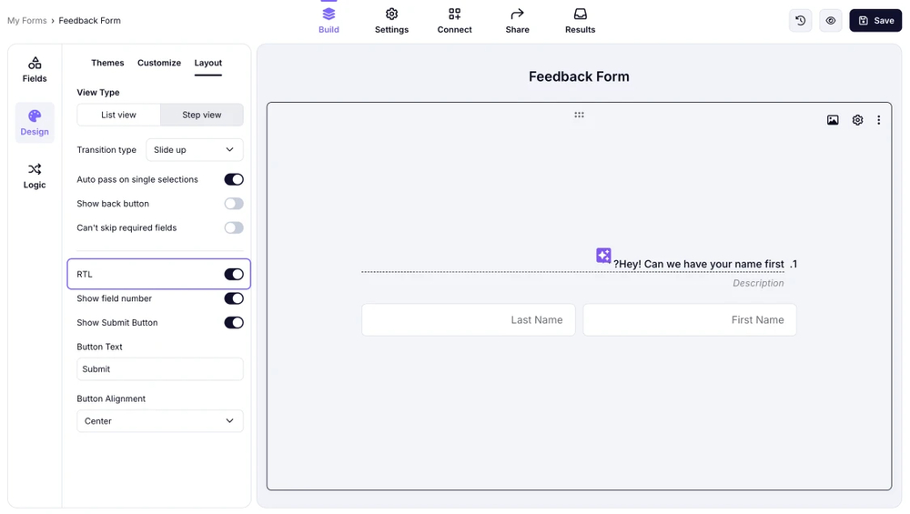 An image showing the enabled RTL toggle in the Layout section