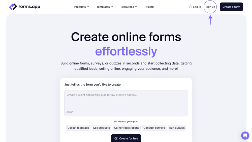 An image showing where you can find the “Sign Up” button on the main page to create a new account with forms.app