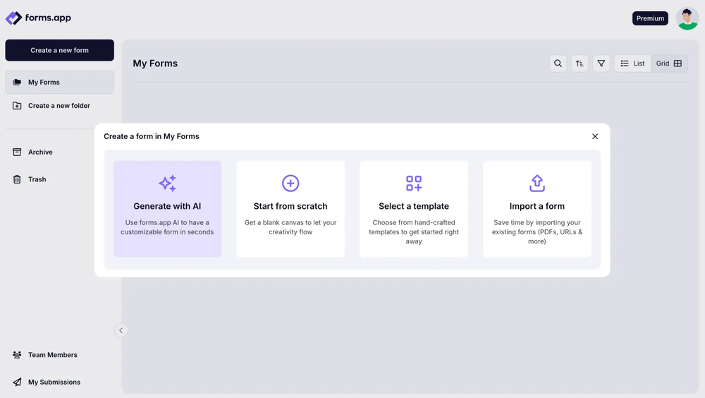 An image showing the creation options you can view once pressing the “Create a new form” button on your dashboard
