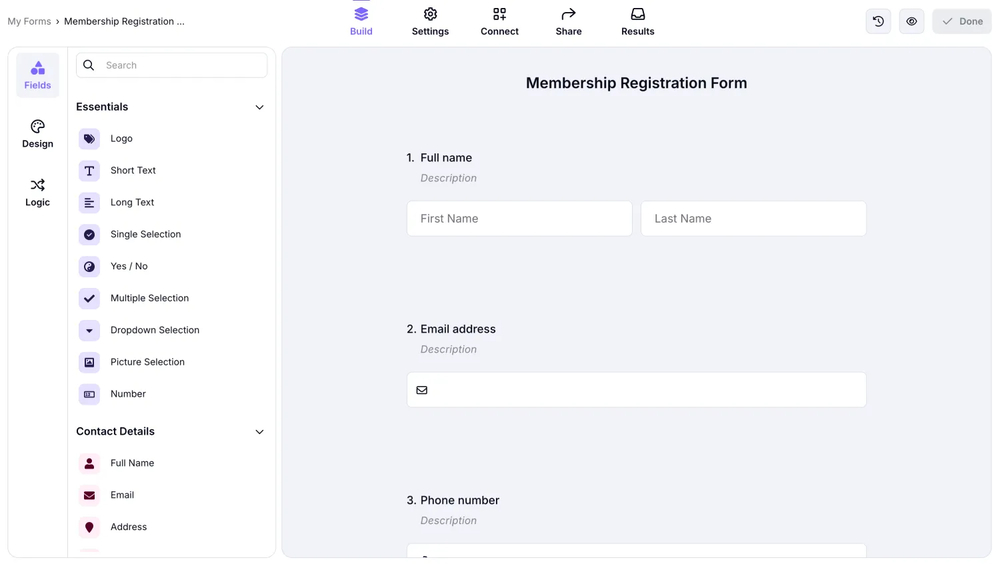 An image showing the field menu on the left side, which you can check once you open your form