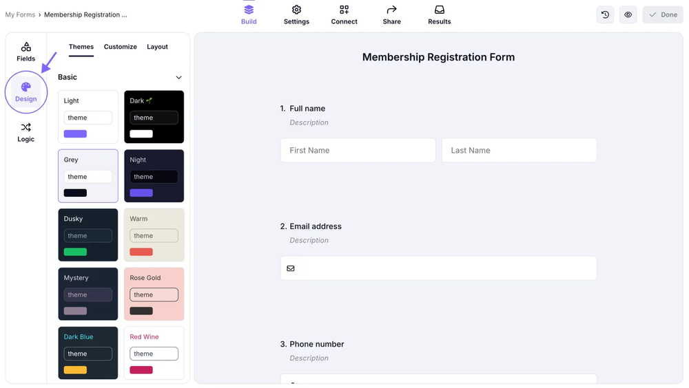 An image showing how you can access the “Design” tab and customize your form as needed