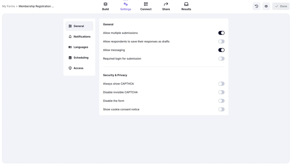 An image showing how you can access the “Settings” section to check all the settings of your form
