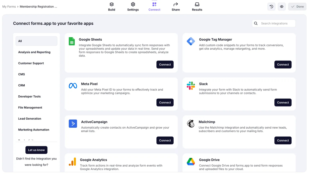 An image showing how you can access the “Connect” section to integrate your form with third-party tools