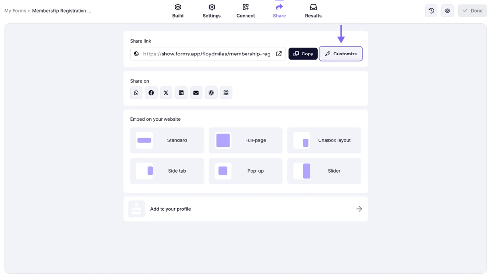 An image showing the “Customize” button in the “Share” section, you need to click to start preview editing