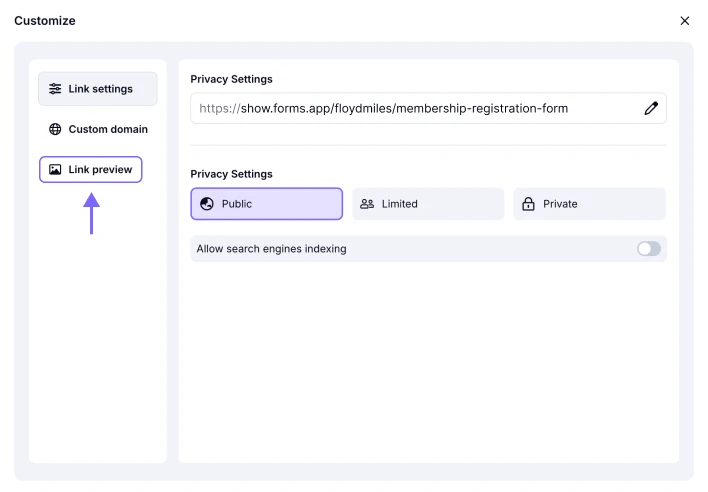 An image showing the “Link preview” section you need access to in the Customize tab